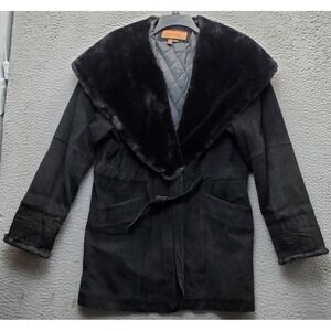 Vtg Cayenne Leather Jacket Womens S Black Quilted Lined Shawl Lapel Belted Waist